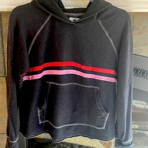 Sundry hoodie sweatshirt dark navy with red and pink strip.